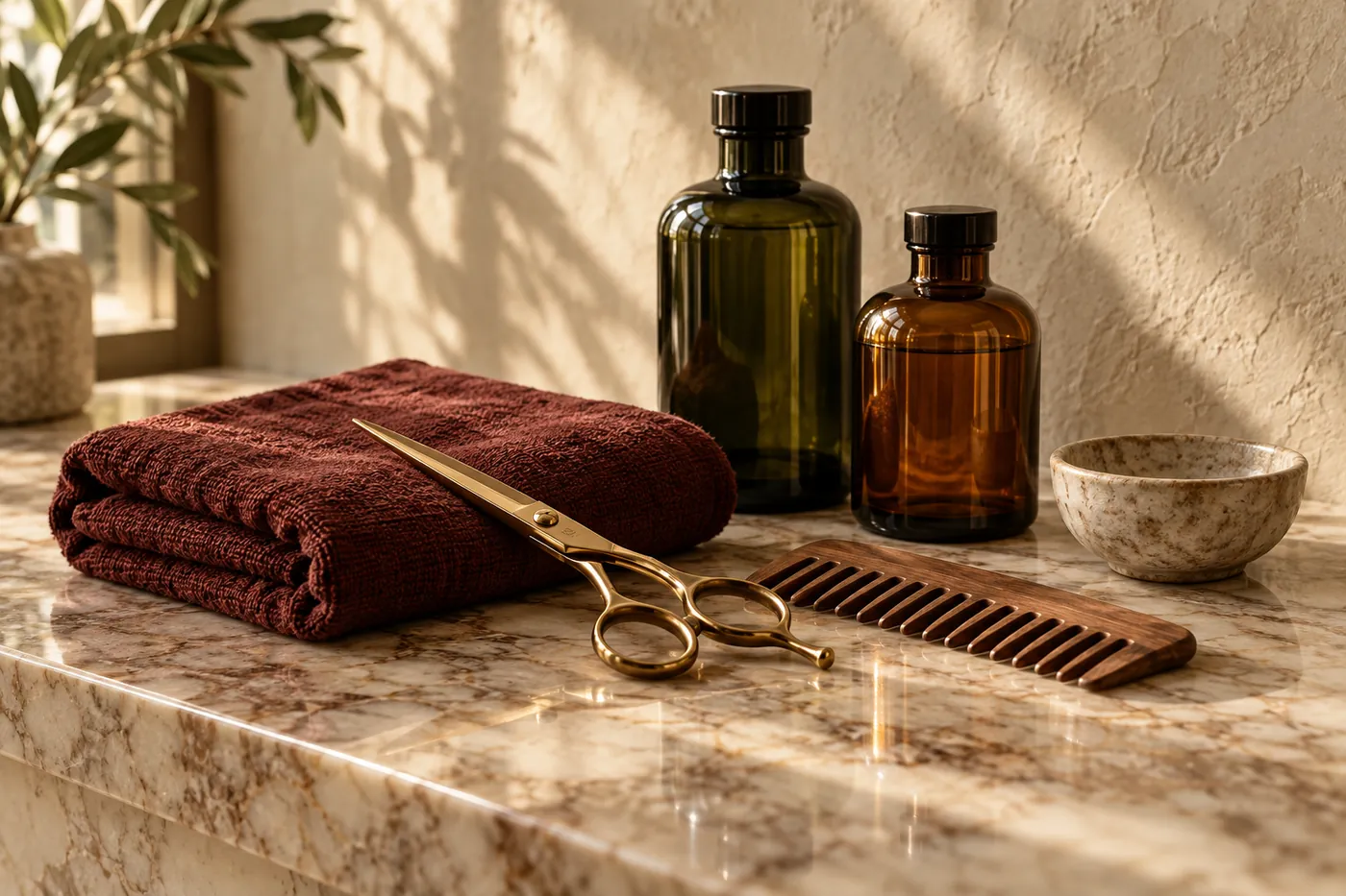 Brass shears and a wooden comb resting on a folded towel on a marble counter