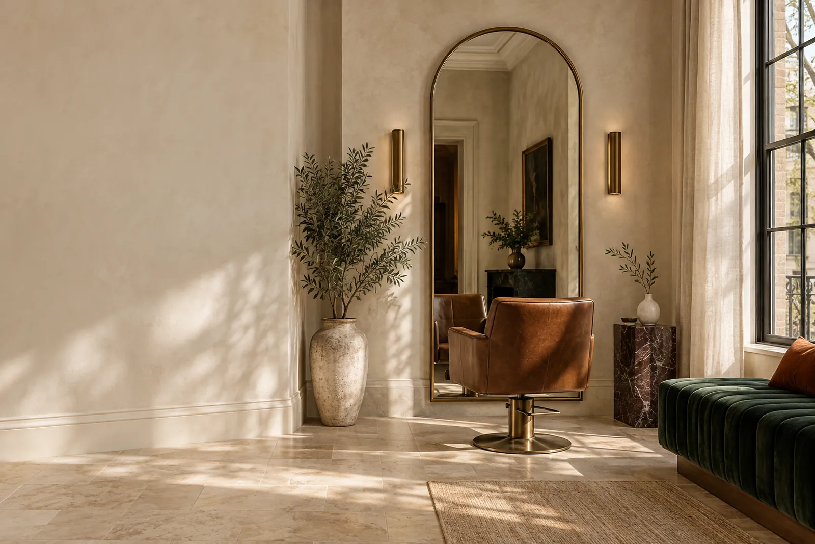 A cognac leather styling chair before an arched brass mirror in a sunlit salon